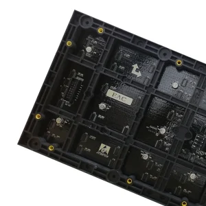 Black circuit board featuring various electronic components and connectors arranged in a grid pattern.