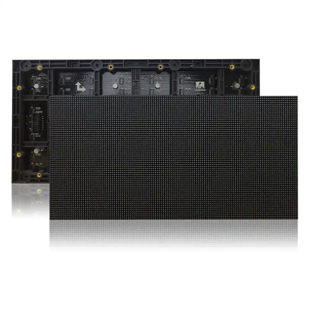 Black LED display panel with a grid of small lights on the front and electronic components on the back.