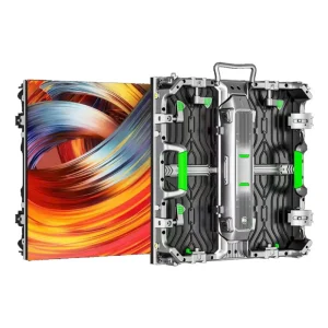 LED display panel showing vibrant colors alongside its metal frame and components.