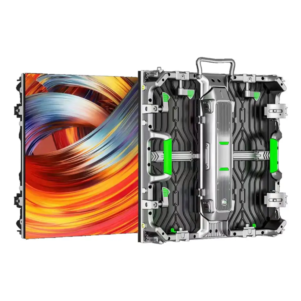 LED display panel showing vibrant colors alongside its metal frame and components.