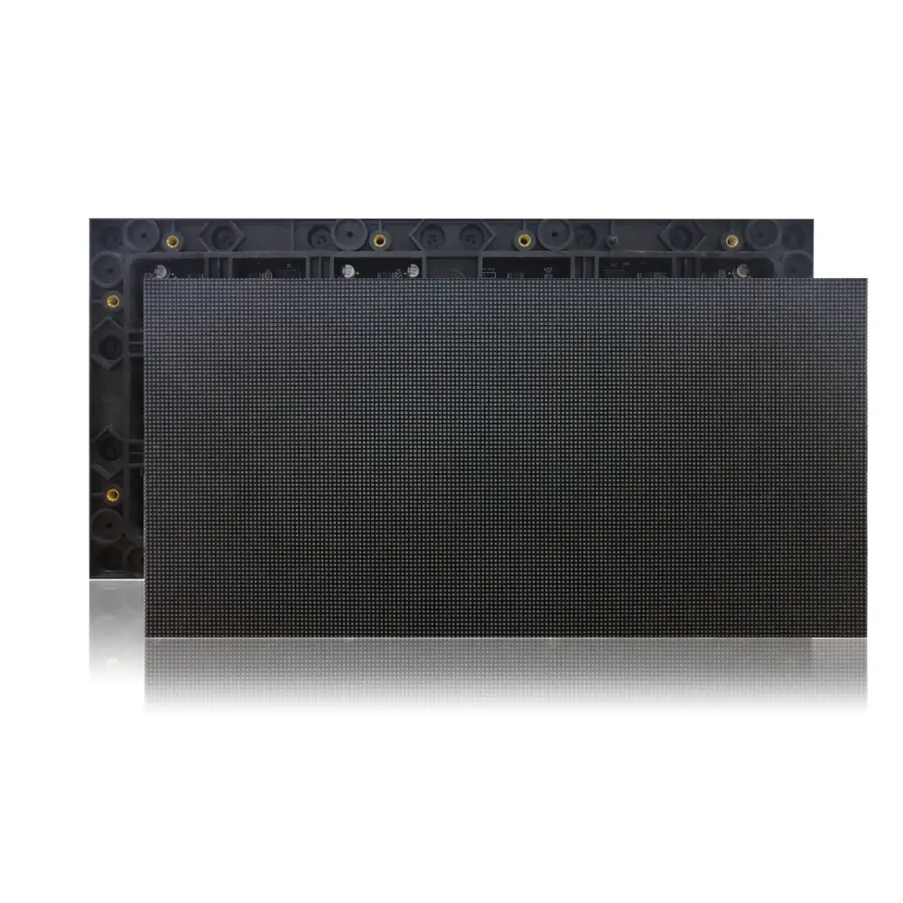 Black LED display panel with a grid pattern, showing a smooth surface and connectors on the back.