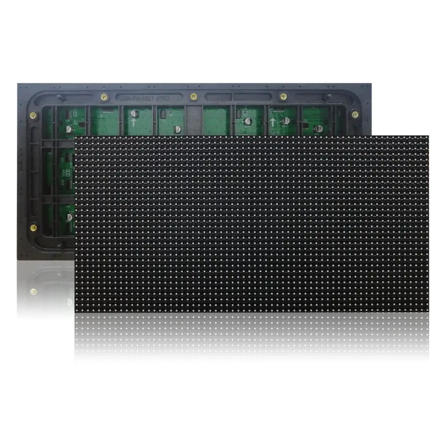 LED display panel showing a black surface with white dots and a circuit board on the back.