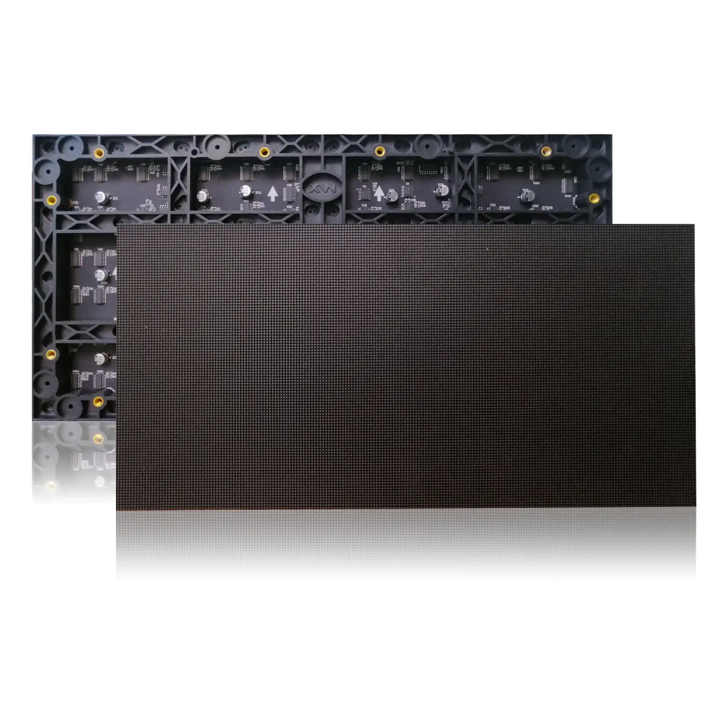 Black LED display panel with a textured surface and a backing structure for mounting.