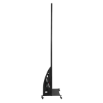 Black portable display stand with a sleek design and wheels for mobility.