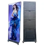 Freestanding display stand featuring a graphic of a model in a blue dress on one side and a plain back on the other.