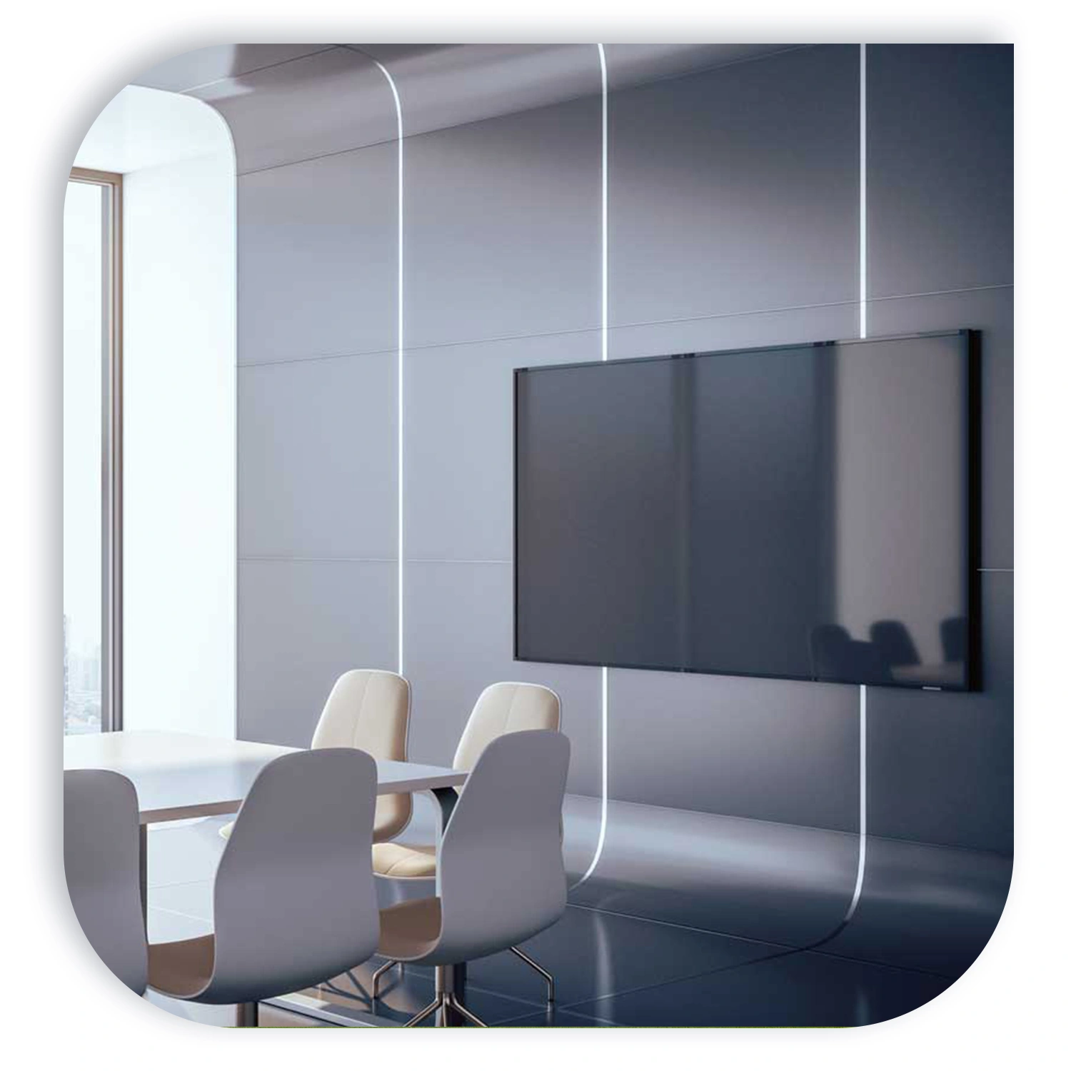 Modern conference room featuring a wall-mounted television and white chairs around a table.