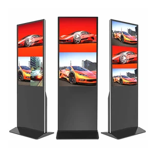 Three digital display kiosks showcasing images of a red sports car in an urban setting.