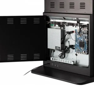 Open black electronic enclosure showing internal components and wiring.