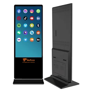 Digital signage display featuring a touchscreen interface with various app icons on the screen.