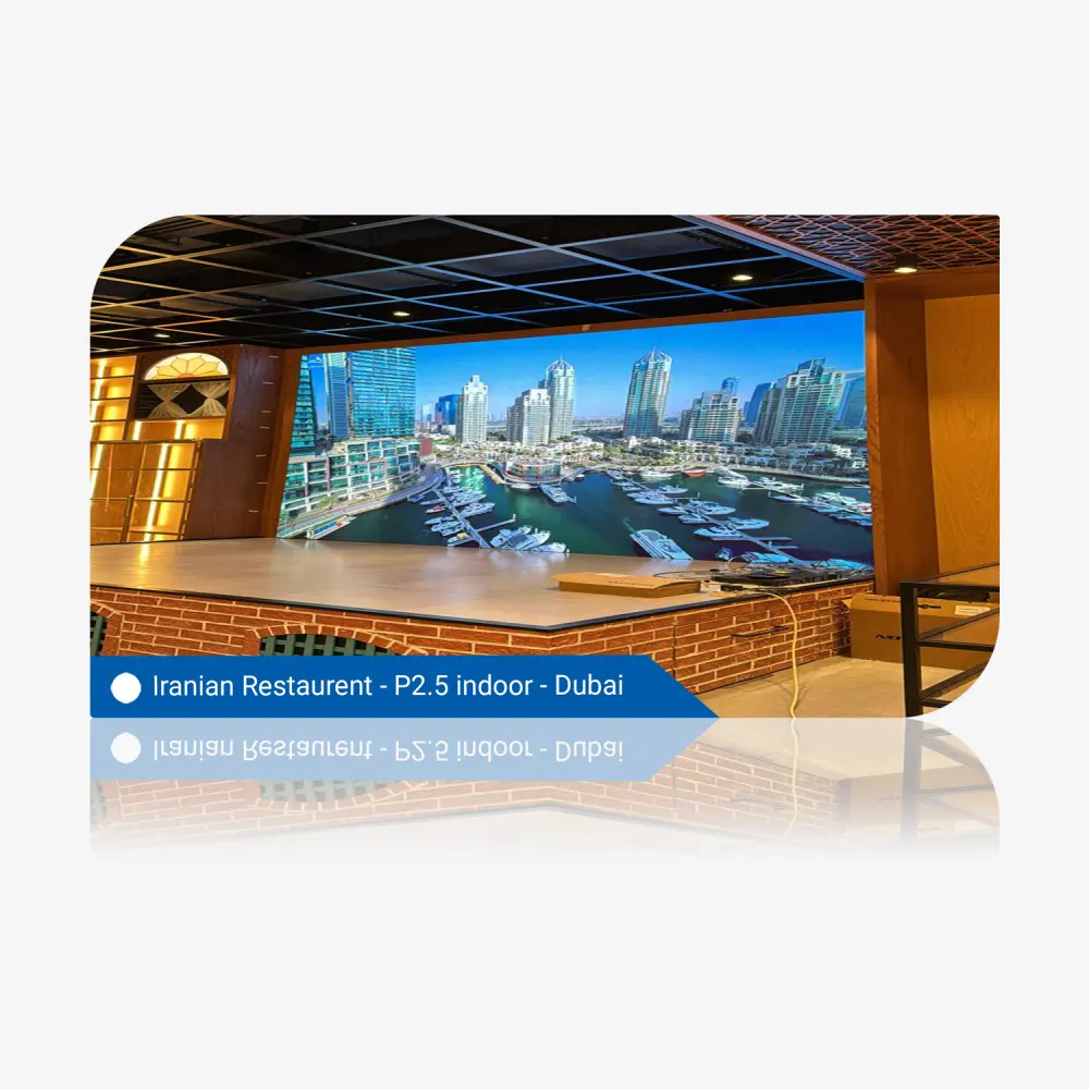 Large indoor display screen showing a view of a marina with skyscrapers in Dubai.