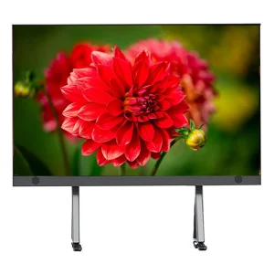 Vibrant red dahlia flower displayed on a digital screen with a blurred background.