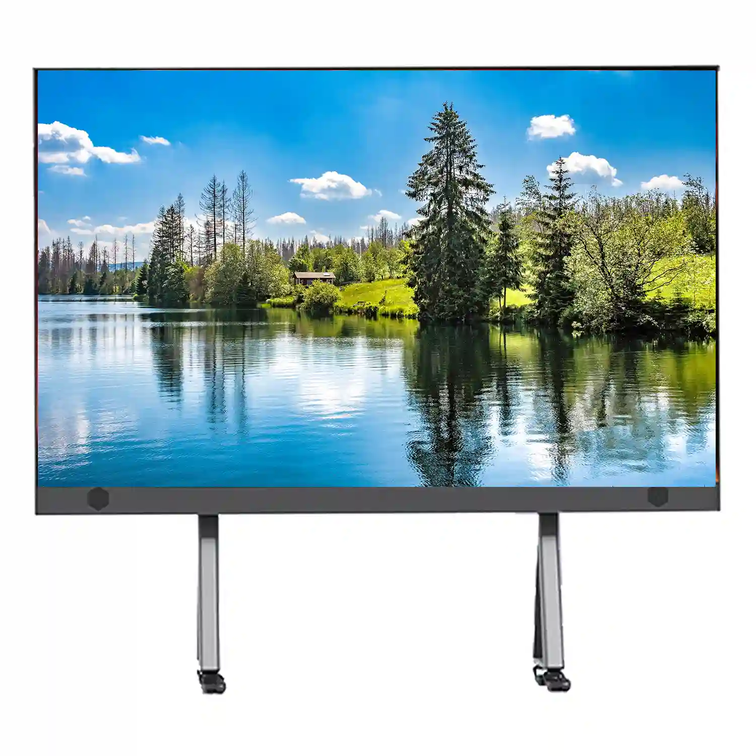 Digital display screen featuring a serene lake and forest landscape with clear blue skies.