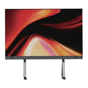 Flat screen television with a vibrant abstract display featuring red and orange colors.