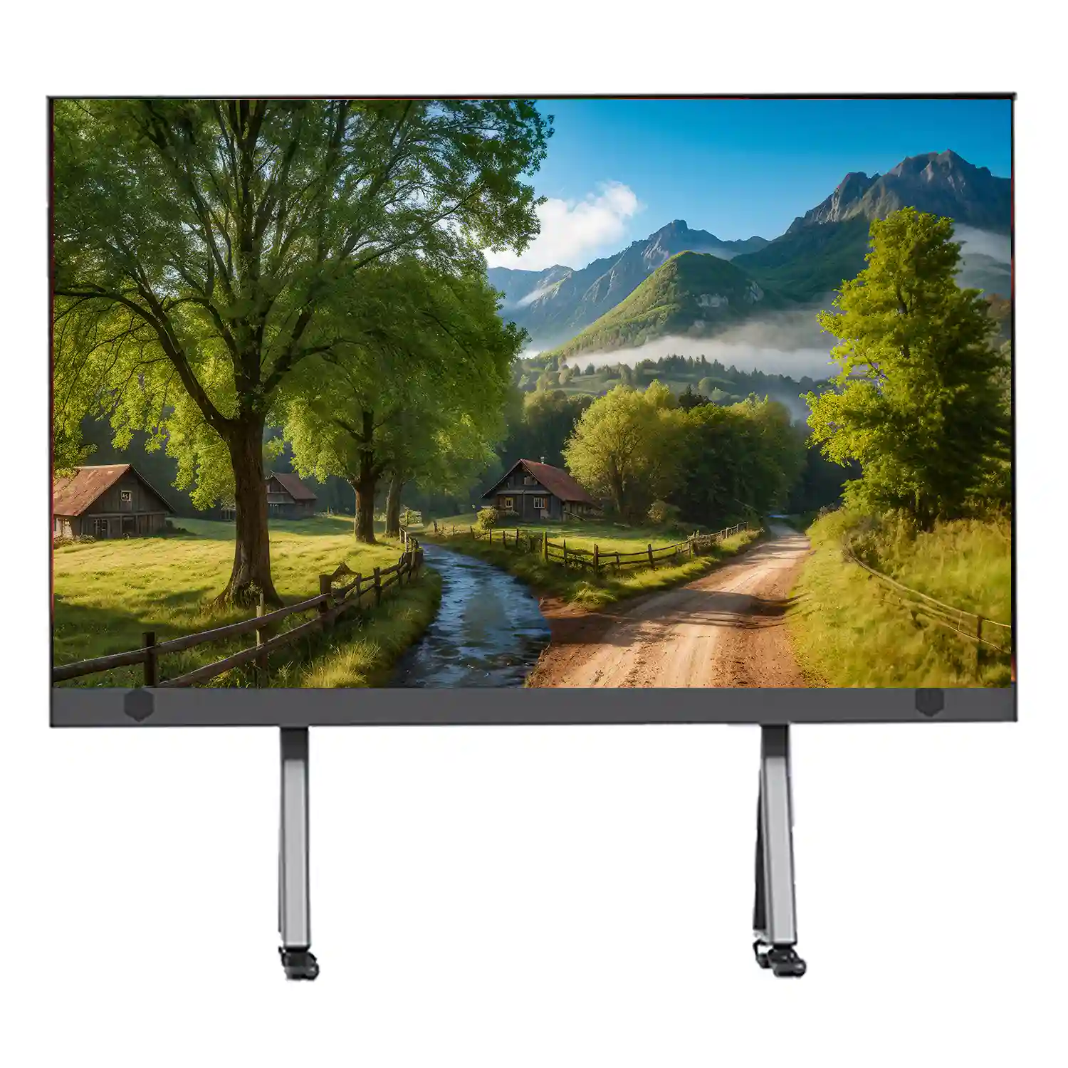 Display screen showing a scenic landscape with mountains, trees, and a winding path.