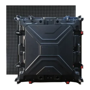 Front view of a modular LED display panel with a black casing and grid pattern.