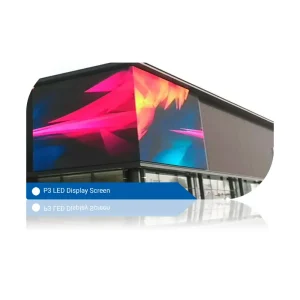 P3 LED display screen featuring vibrant abstract graphics on a building exterior.