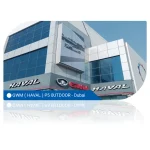 Exterior view of GWM Haval P5 outdoor showroom located in Dubai with a large display screen.