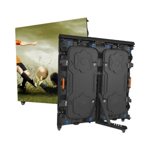 A portable LED display screen featuring a soccer scene with players and a ball.