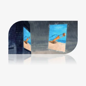 Digital artwork featuring a building with a beach scene displayed on its surface during rain.