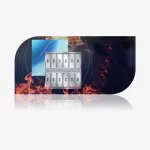 Metal storage cabinets displayed against an abstract background with flames and a blue panel.