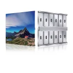 Mountain landscape print featuring a scenic view with a lake and a building, alongside an aluminum frame display.
