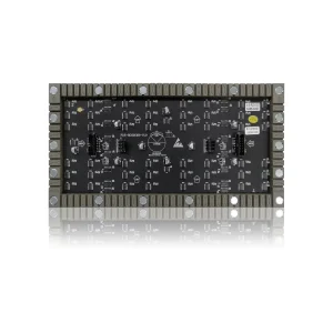 Black electronic circuit board featuring various components and connectors arranged in a grid pattern.
