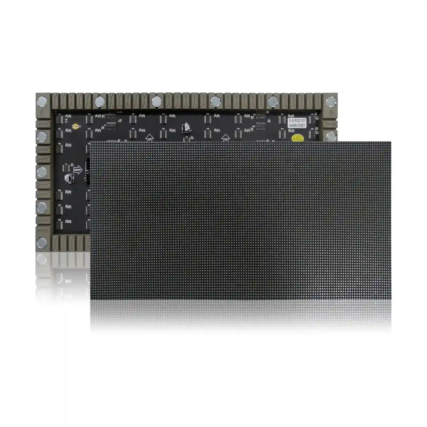 LED display panel with a black circuit board and multiple connection points along the edges.