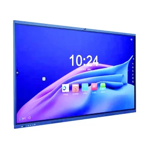 Blue interactive touchscreen display showing time and application icons on the screen.