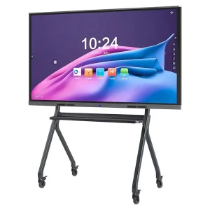 Interactive touchscreen display mounted on a mobile stand with wheels for easy movement.