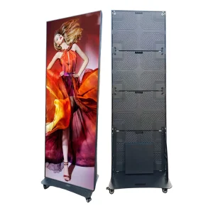 Freestanding display stand featuring a fashion model in a colorful dress on one side and a plain back on the other.