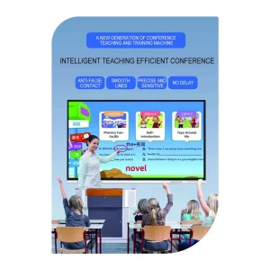 Teacher presenting educational content on a large interactive display in a classroom.