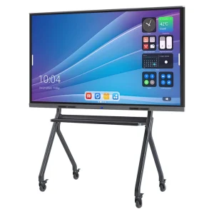 Mobile interactive display screen mounted on a wheeled stand with a touchscreen interface.