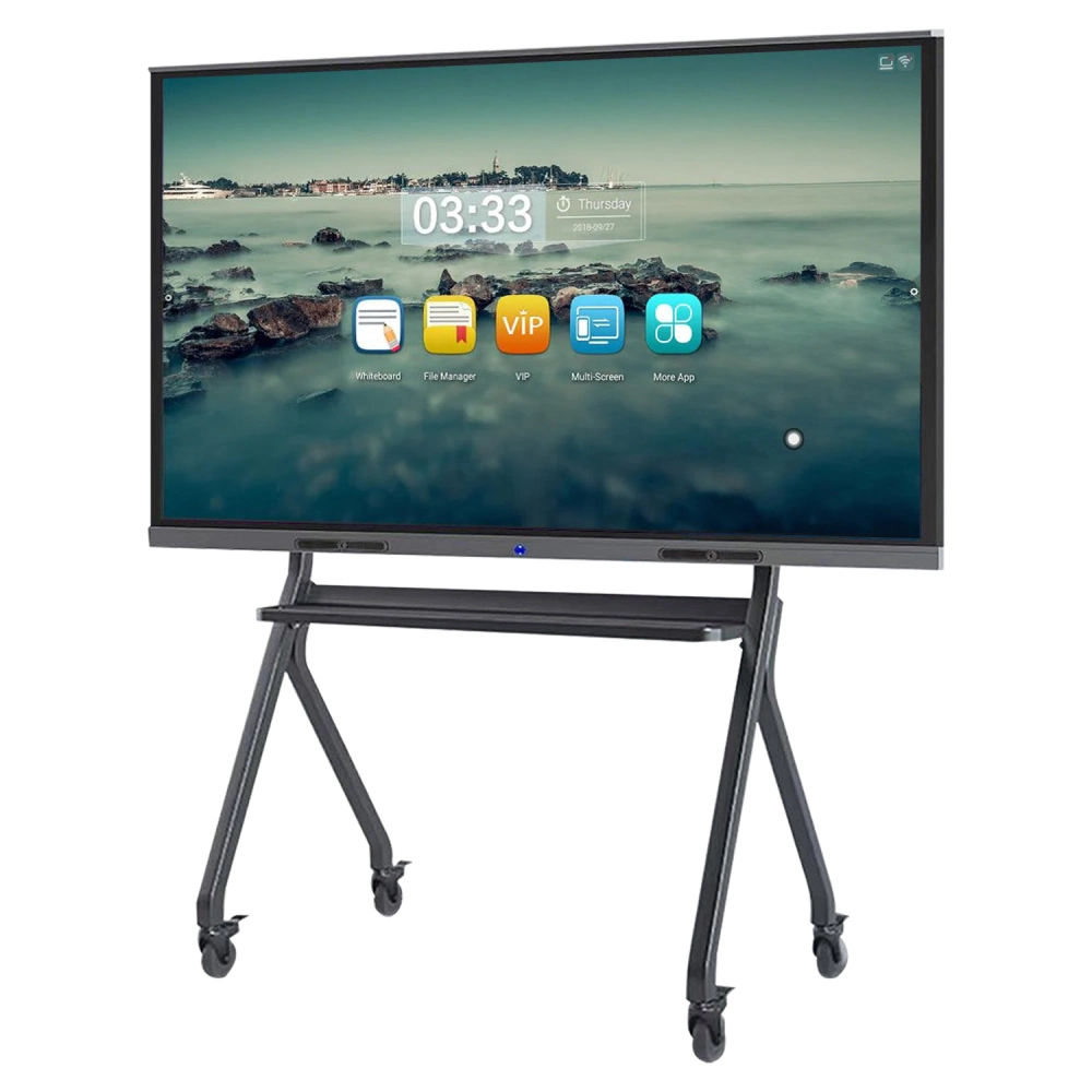 Mobile interactive display screen mounted on a wheeled stand with a touchscreen interface.