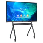 Mobile interactive display screen mounted on a wheeled stand with a colorful background.