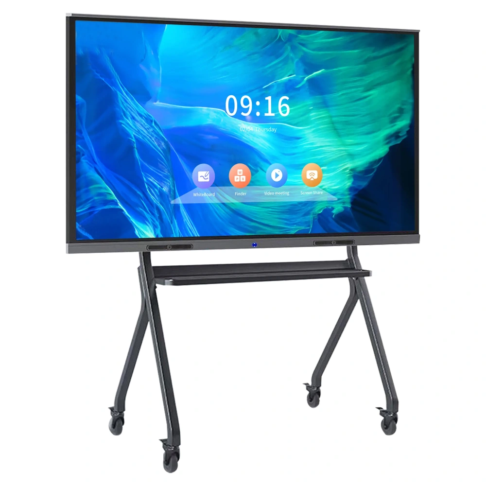 Mobile interactive display screen mounted on a wheeled stand with a colorful background.