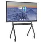 Mobile interactive display screen on a wheeled stand with a digital interface.
