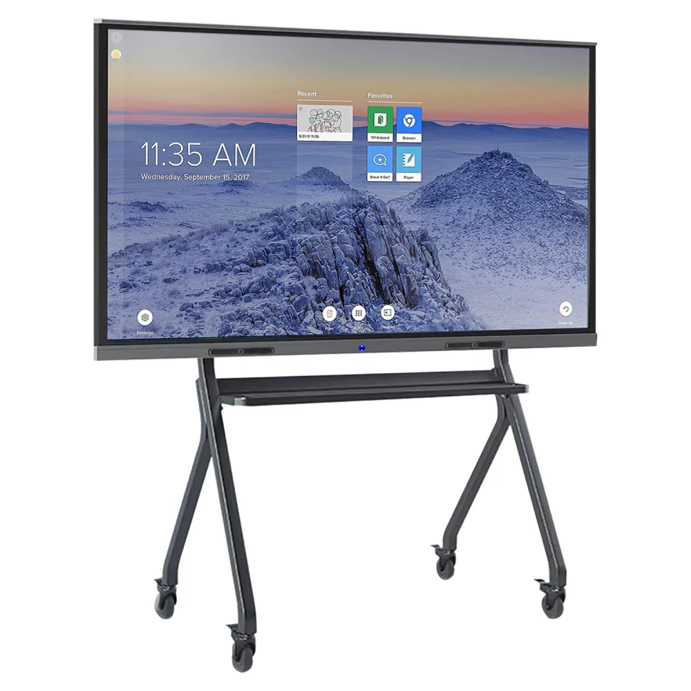 Mobile interactive display screen on a wheeled stand with a digital interface.