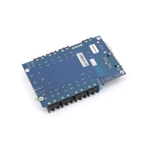 Blue electronic circuit board with multiple connectors and components on a white background.
