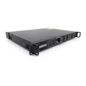 Black rackmount audio processor with multiple control buttons and a display panel.