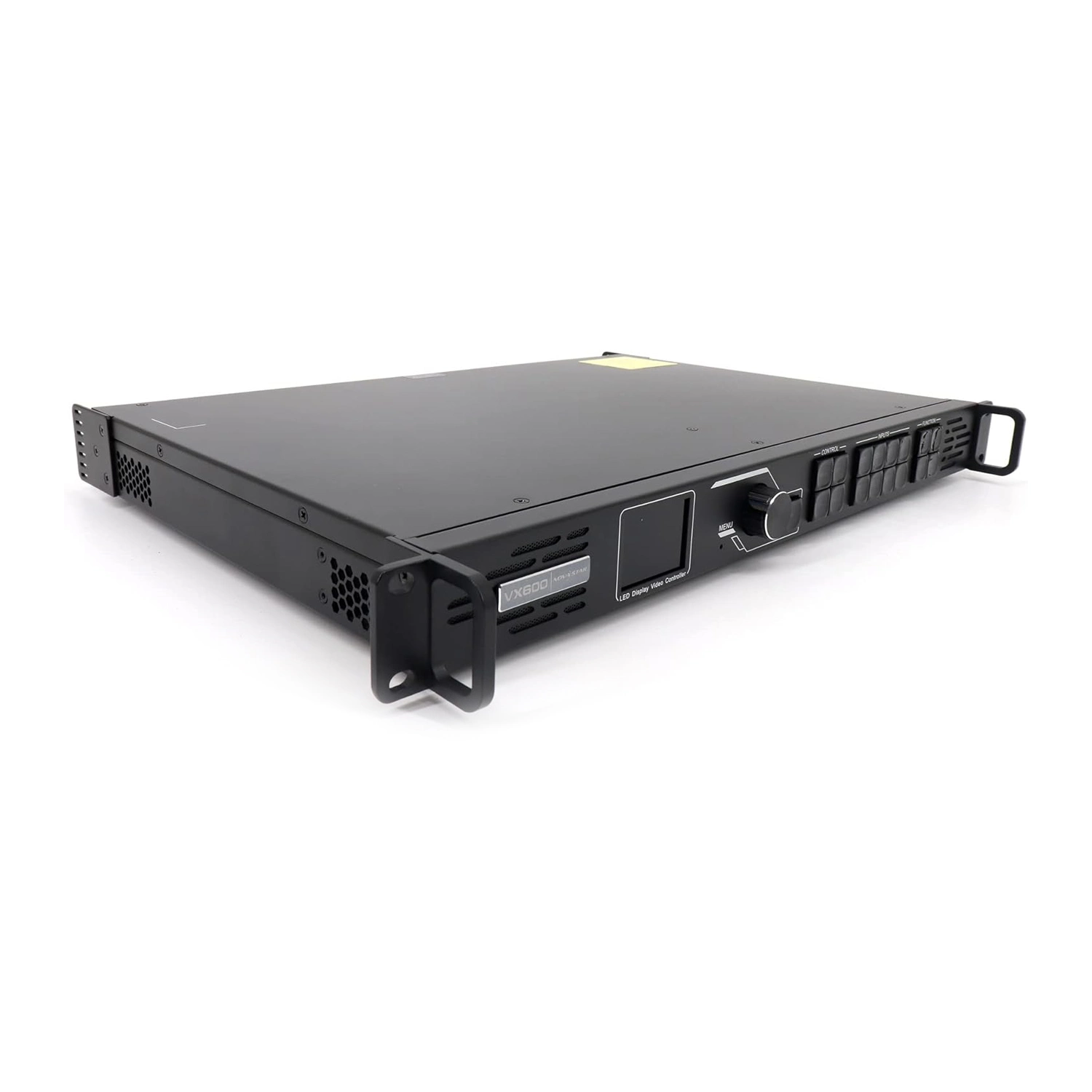 Black rackmount audio processor with multiple control buttons and a display panel.