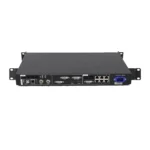 Back view of a rack-mountable video processing unit with various input and output ports.