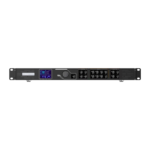 Digital audio processor featuring various input and output ports and a digital display.