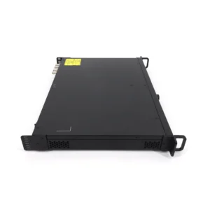 Black rackmount server chassis with multiple ports and handles on the sides.