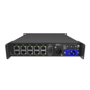 Network switch featuring ten Ethernet ports and power input on the rear panel.