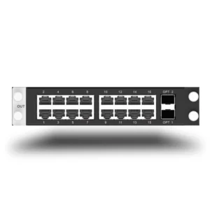 Front view of a 16-port network switch panel with labeled ports and two optional ports.