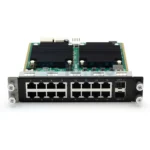 Network switch featuring multiple Ethernet ports and cooling fins on a circuit board.