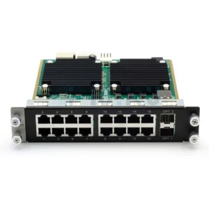 Network switch featuring multiple Ethernet ports and cooling fins on a circuit board.