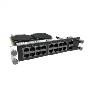 Network switch module featuring multiple Ethernet ports and two optical interfaces.