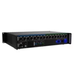 Audio mixer featuring multiple input and output ports, designed for sound mixing applications.