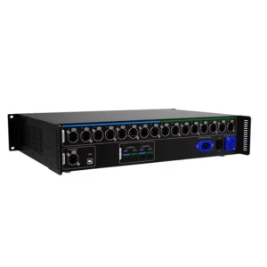 Audio mixer featuring multiple input and output ports, designed for sound mixing applications.